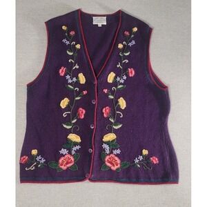 Susan Bristol Floral Knit Embroidered Ugly‎ Sweater Vest Large 90s Grandmacore